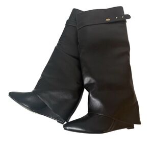 Over The Knee Black Leather Wedge Boots